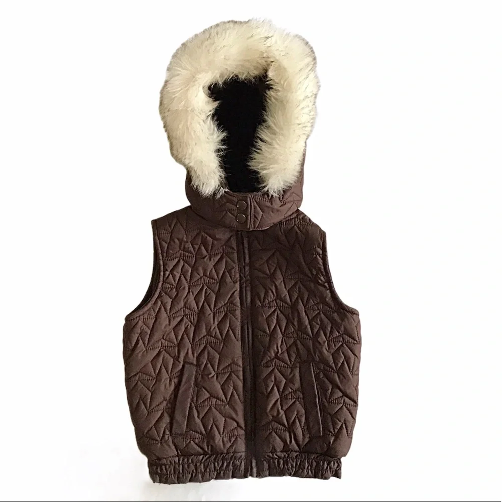 Girl’s Gymboree Puffer Vest W/ Faux Fur Hood Size 4 Brown